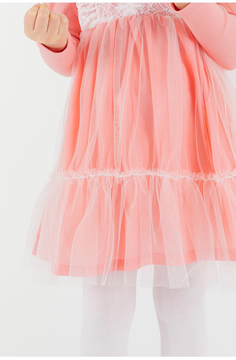 韓國 OZKIZ - 胸前蕾絲花朵網紗長袖拼接洋裝