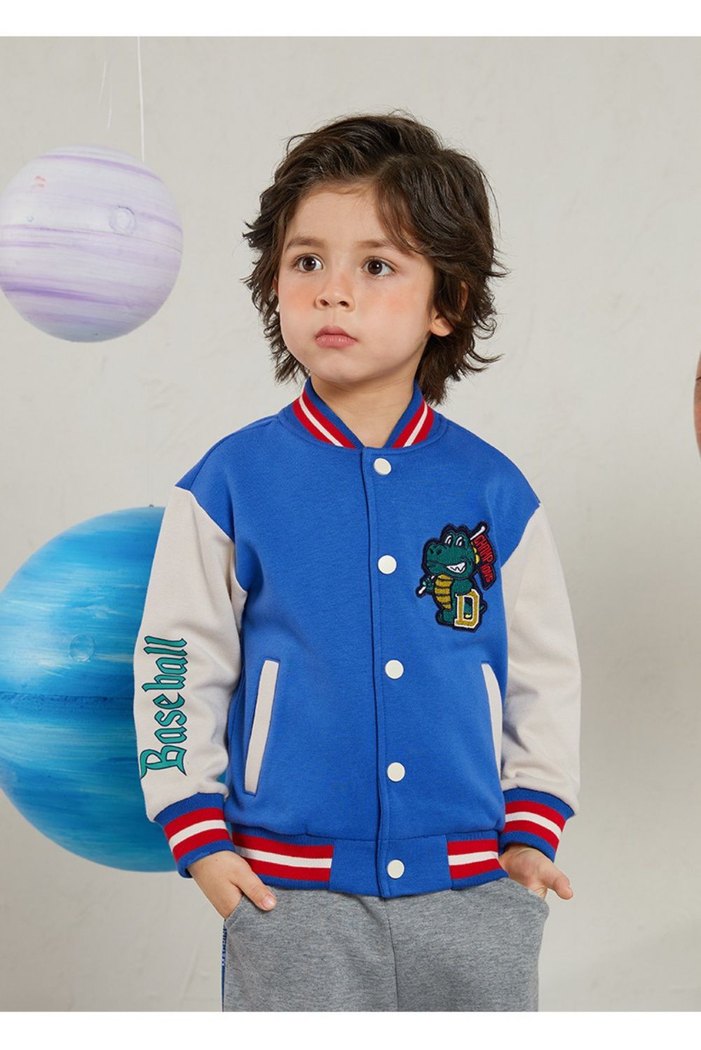 童趣拼色棒球外套-驕傲壞壞恐龍-深藍+杏