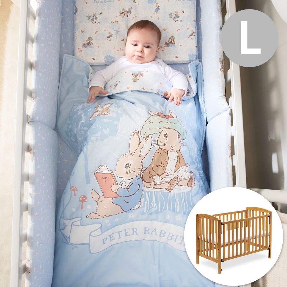 比得兔原木大床附床墊+悅讀比得兔大床四件床組/寢具組-L(嬰兒床 嬰兒床墊)-藍色