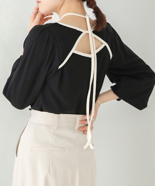 日本 Bab - 2WAY氣質綁帶羅紋泡泡袖上衣-米杏