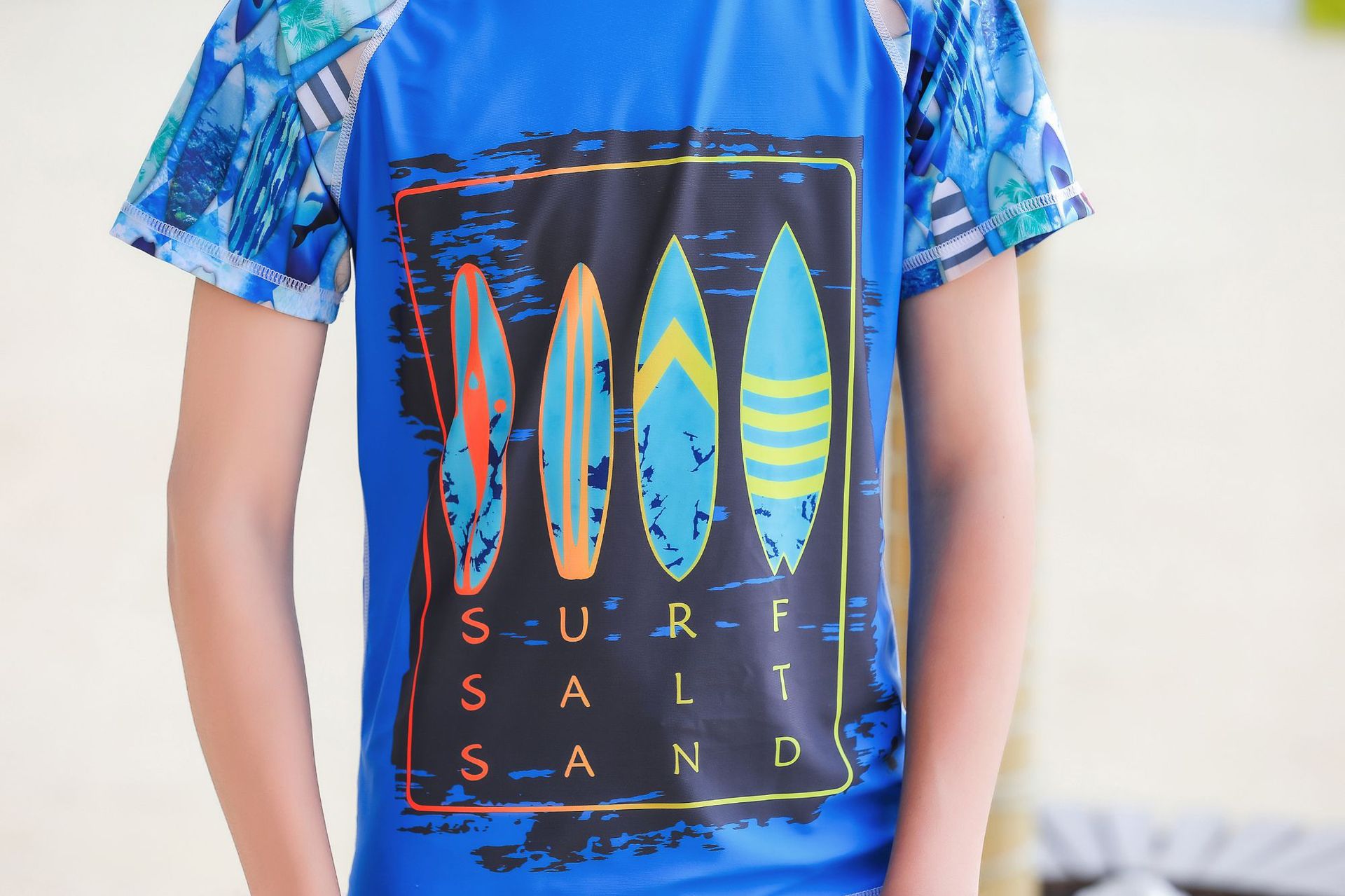 大童男孩短袖泳衣套裝(二件組)-衝浪板-藍色-泳衣、泳褲