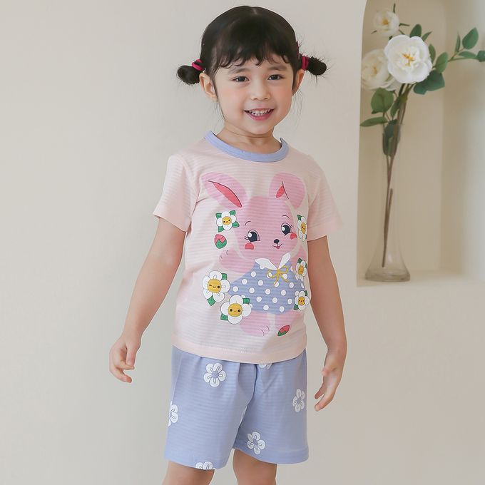 正韓 Puco - 超優質嬰幼兒/兒童短袖100% 有機棉家居服/睡衣-兔子花花