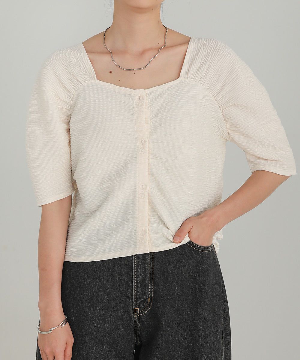 日本 Bab - 2WAY方領排扣五分袖上衣-米杏