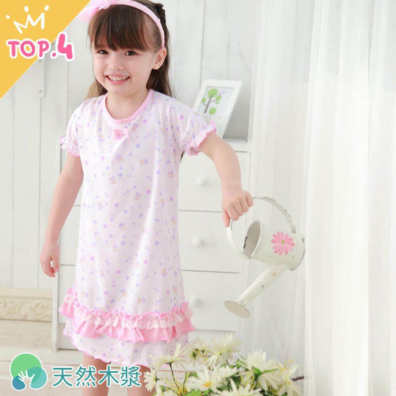 Annypepe - 女童木漿棉熊印花短袖居家睡衣洋裝-紫