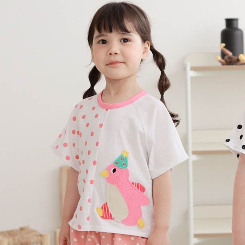 奔走企鵝圓點短袖上衣-粉