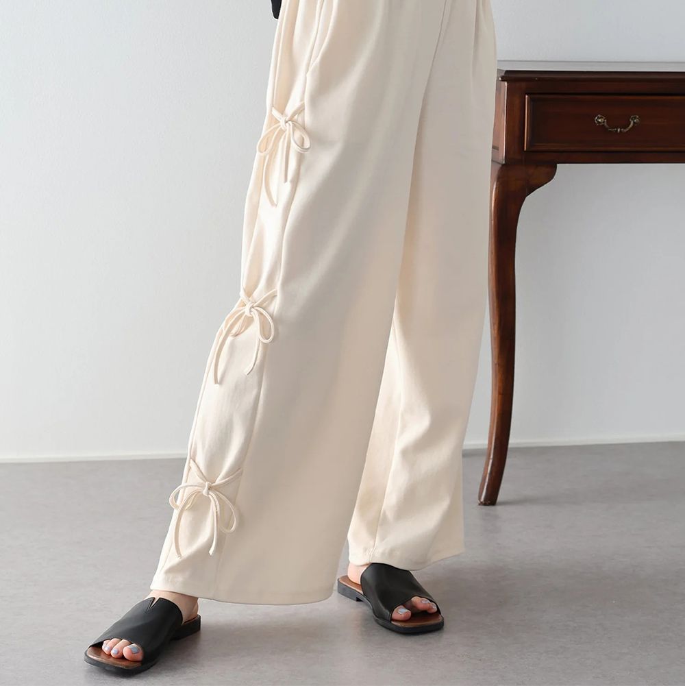 韓國製 率性甜心側綁帶休閒長褲-米白