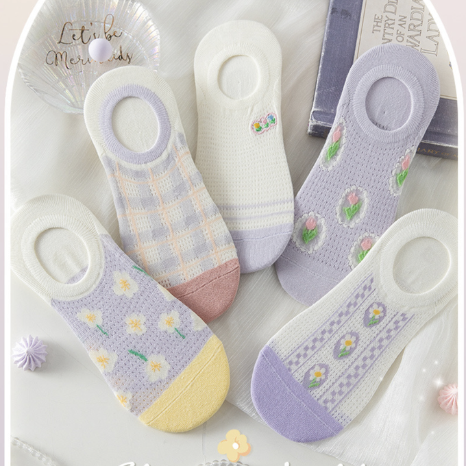 love, charlotte - 氣質淺紫小碎花防滑隱形棉襪 (XXL (22~24cm))-5 雙一組