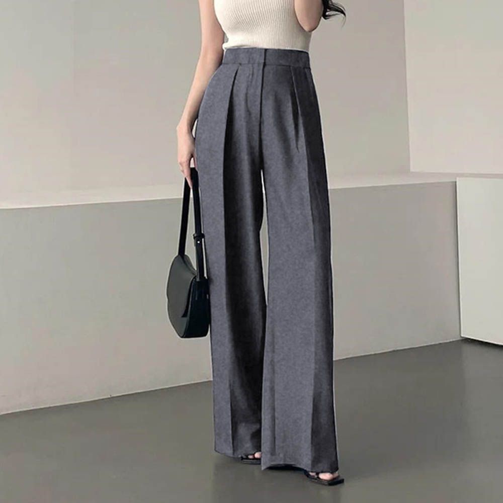 明星著用！中線皺摺修身寬褲-灰