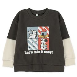 日本西松屋 - 裏起毛 假兩件印花保暖長袖上衣-狗狗-深灰X白