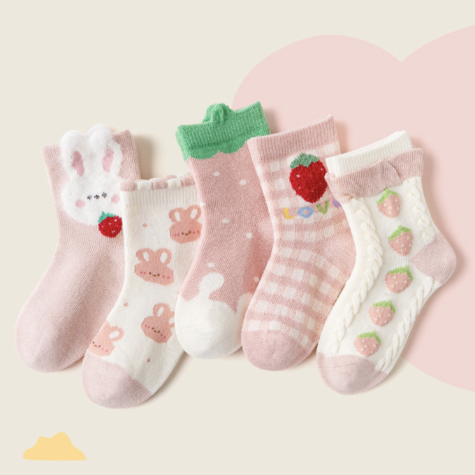 love, charlotte - 秋冬季甜甜草莓小兔子中筒棉襪-5 雙一組