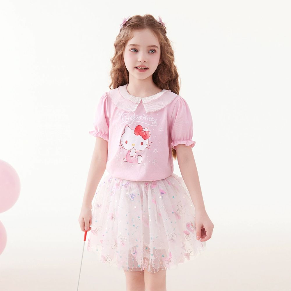 網紗翻領短袖上衣+紗裙套裝-卡通人物Hello Kitty-粉色