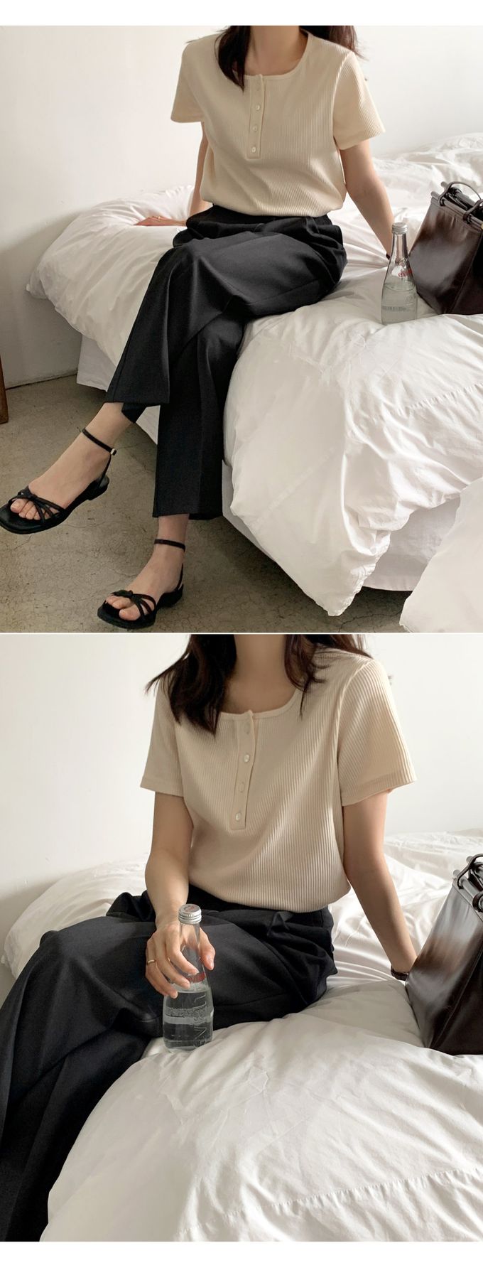 韓國 98doci - 經典直紋鈕扣短袖上衣-米黃