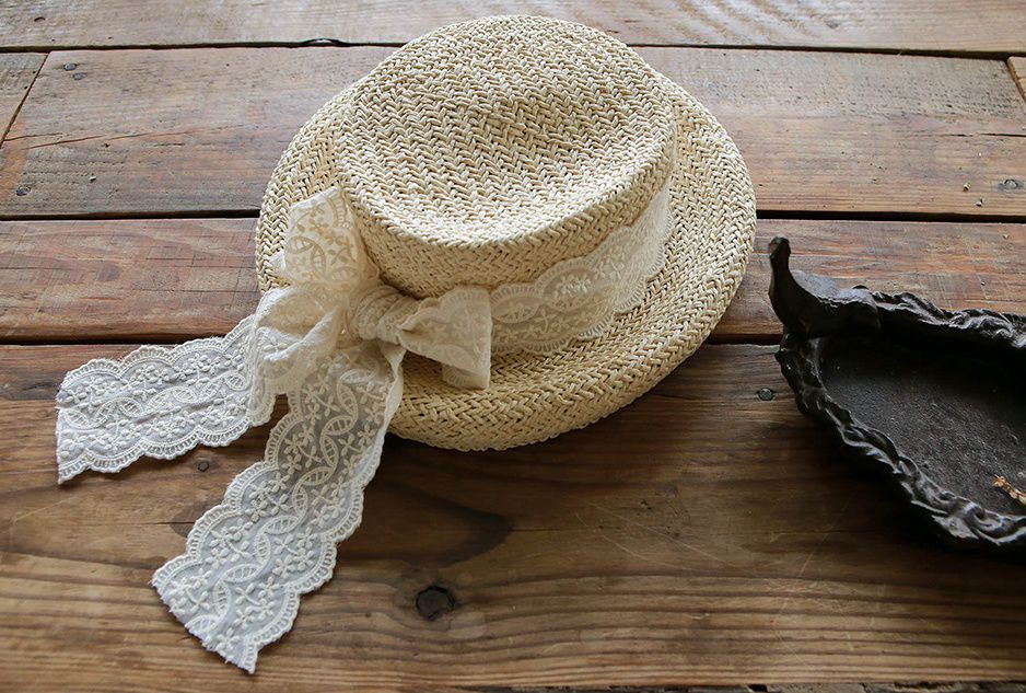 韓國 PuellaFLO - 波浪花朵蕾絲蝴蝶結草帽 (3-7Y適用)