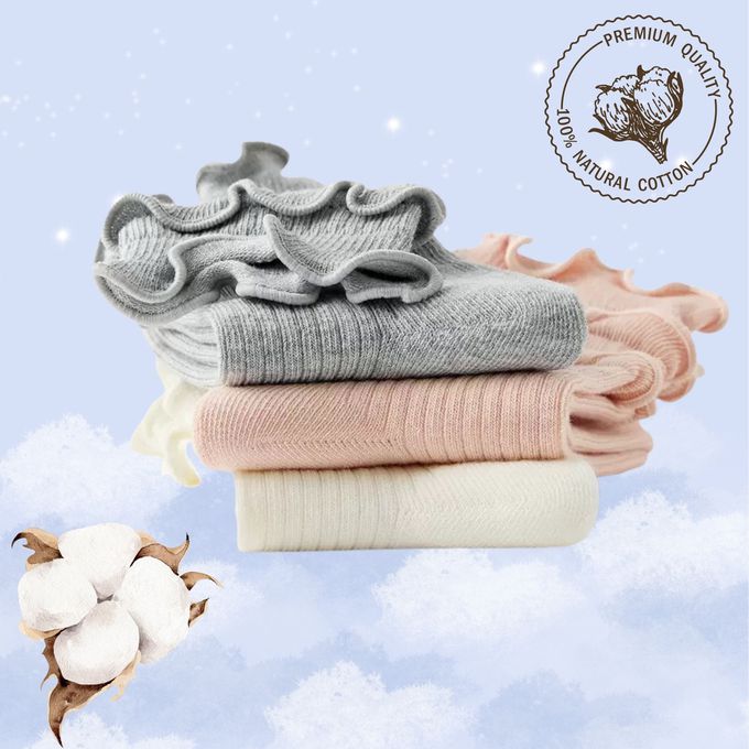 氣質粉嫩系木耳波浪邊純棉中筒棉襪