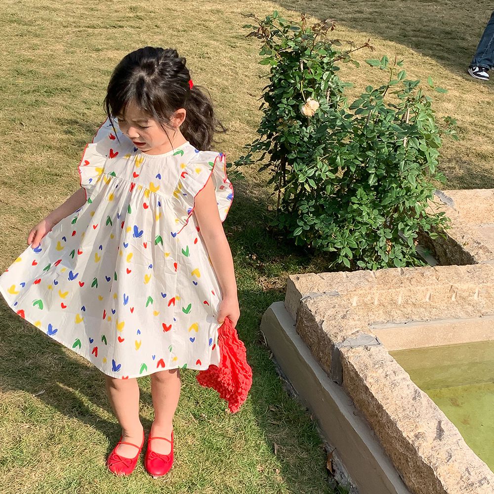 浪漫荷葉袖棉質連身洋裝-繽紛愛心-白色