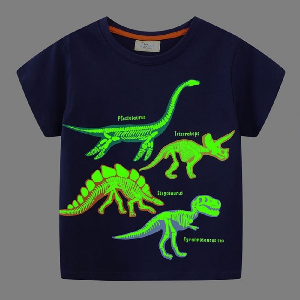 夜光圓領短袖上衣-恐龍骨骼-藏青