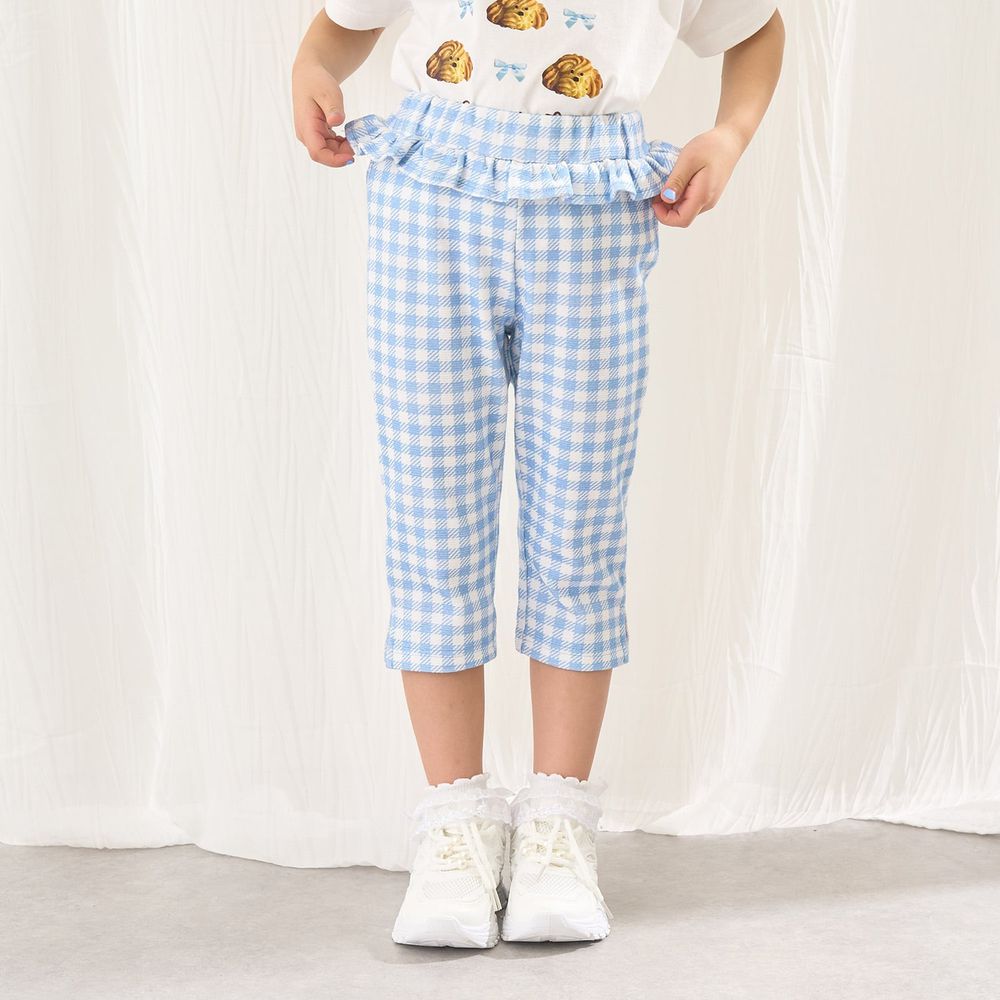 腰間QQ荷葉百搭好動七分褲-格子x水藍