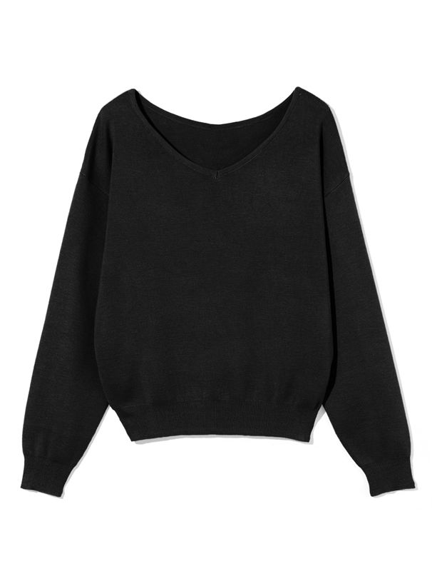 日本 GRL - 優雅V領長袖針織上衣-酒紅