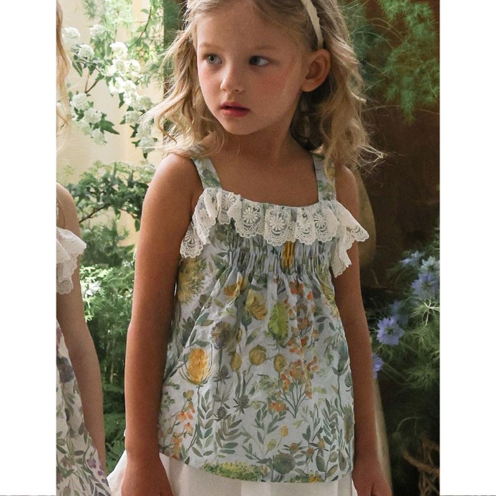 Puellaflo 花園抓褶蕾絲點綴背心上衣-綠花X淺藍