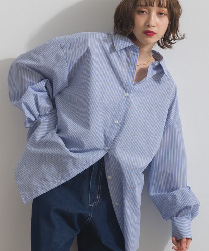 日本 ELENCARE DUE - 2way穿法俐落條紋寬版襯衫-粉紅