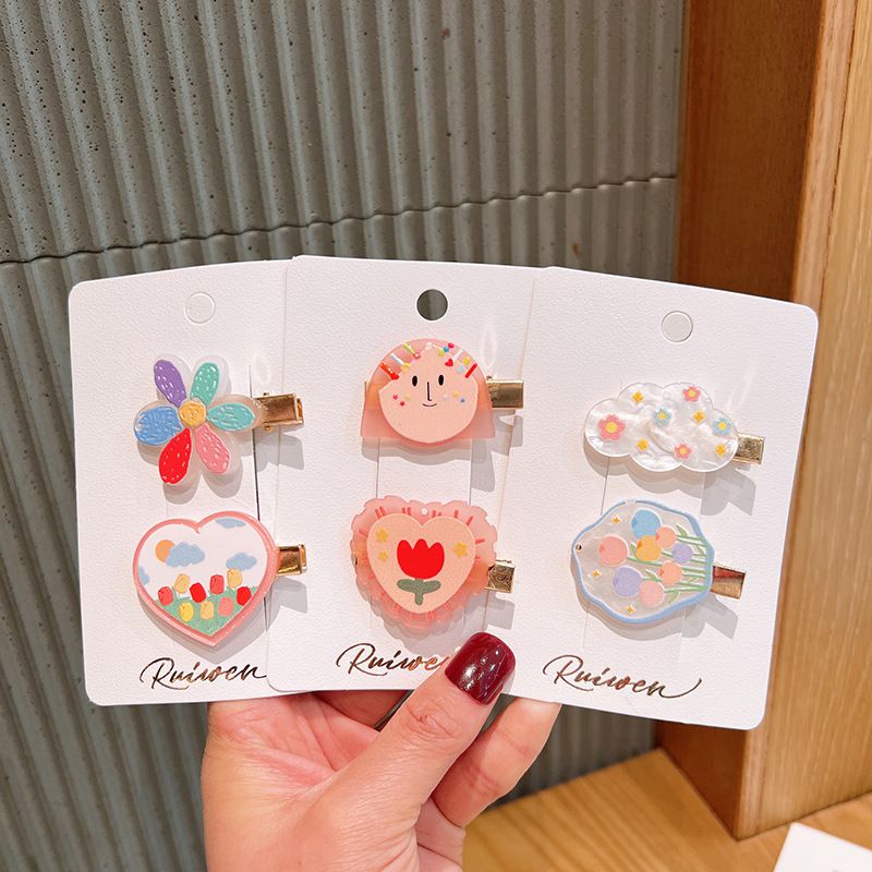 夏季甜美兒童髮夾2入組-花花+愛心-彩色