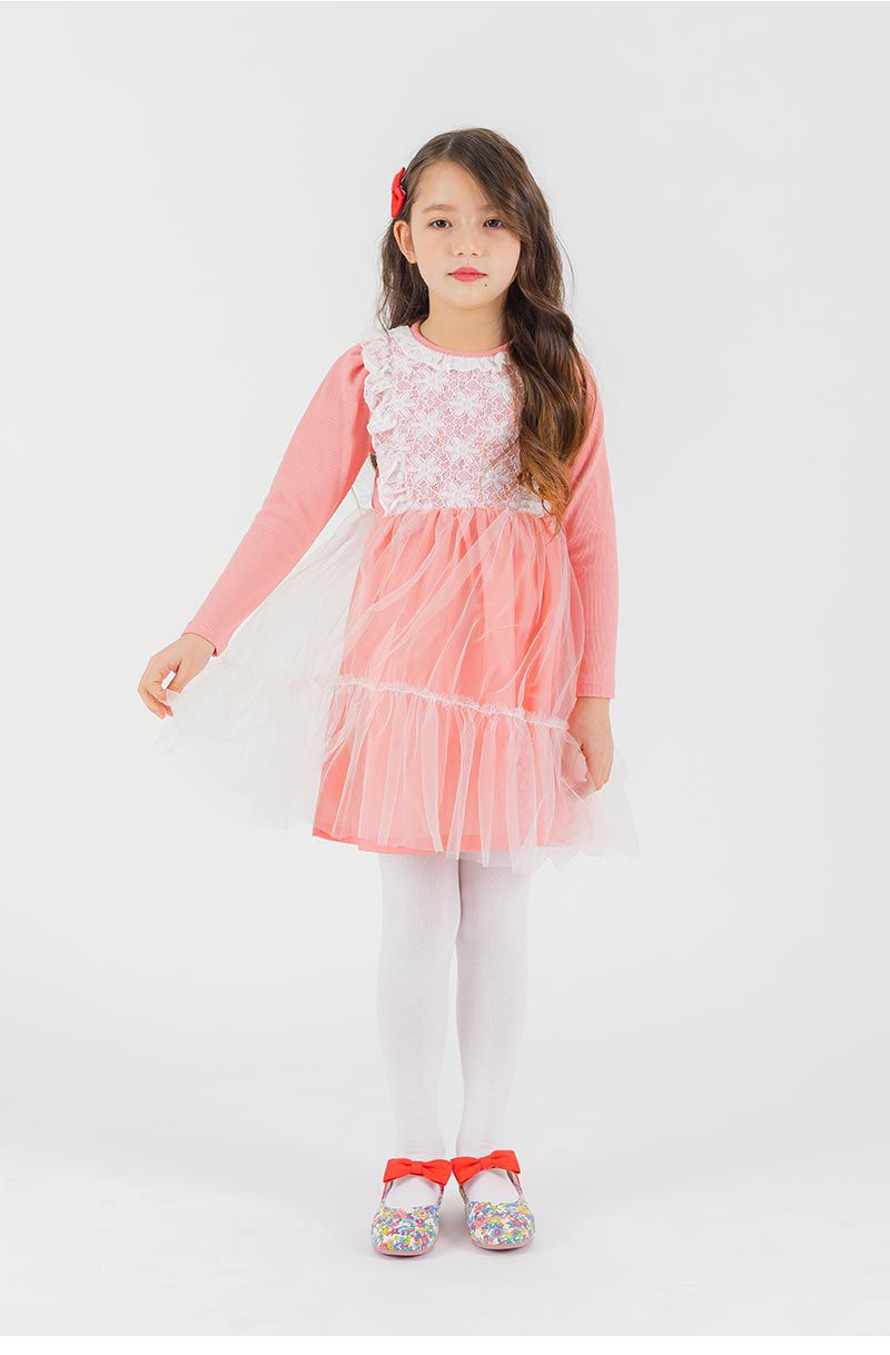 韓國 OZKIZ - 胸前蕾絲花朵網紗長袖拼接洋裝