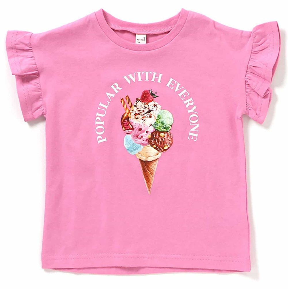 荷葉摺邊女孩短袖上衣-冰淇淋-粉紅