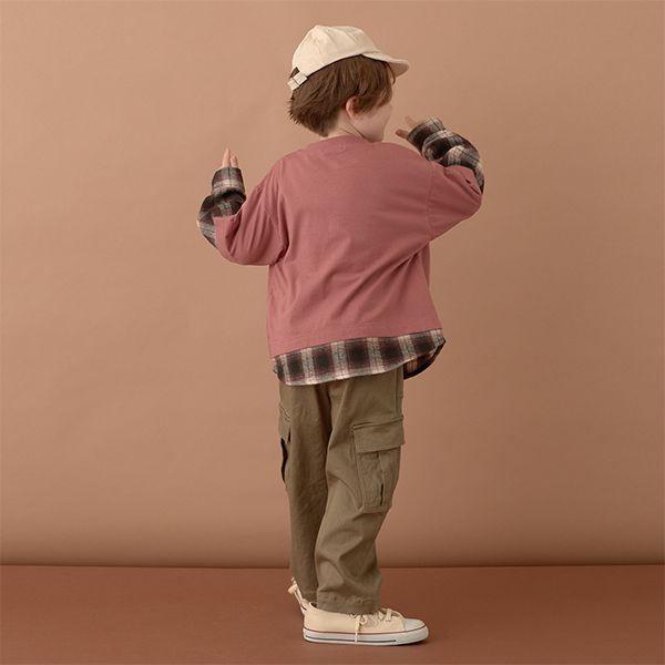 日本 b-ROOM - 假二件寬版大口袋長袖上衣-海軍藍x灰格紋