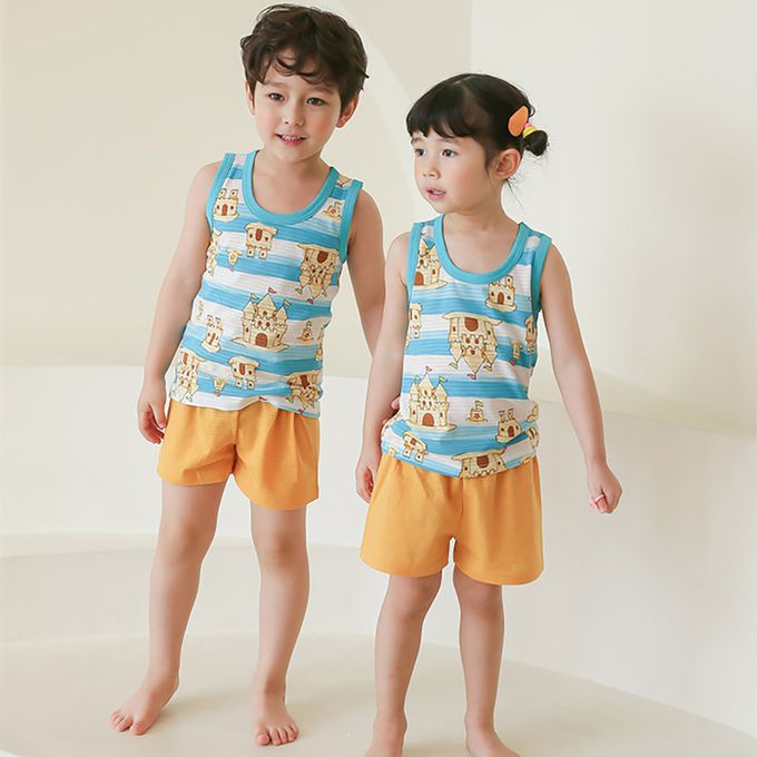正韓 Puco - 超優質嬰幼兒/兒童無袖100% 有機棉家居服/睡衣-沙灘城堡