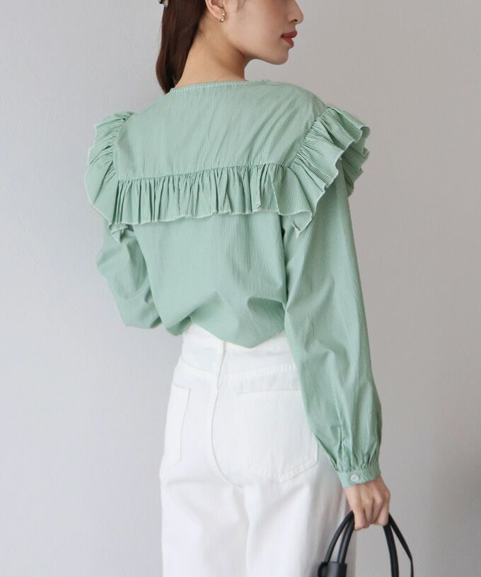 日本 BLUE EAST - 青澀回憶荷葉邊長袖襯衫-湖水綠