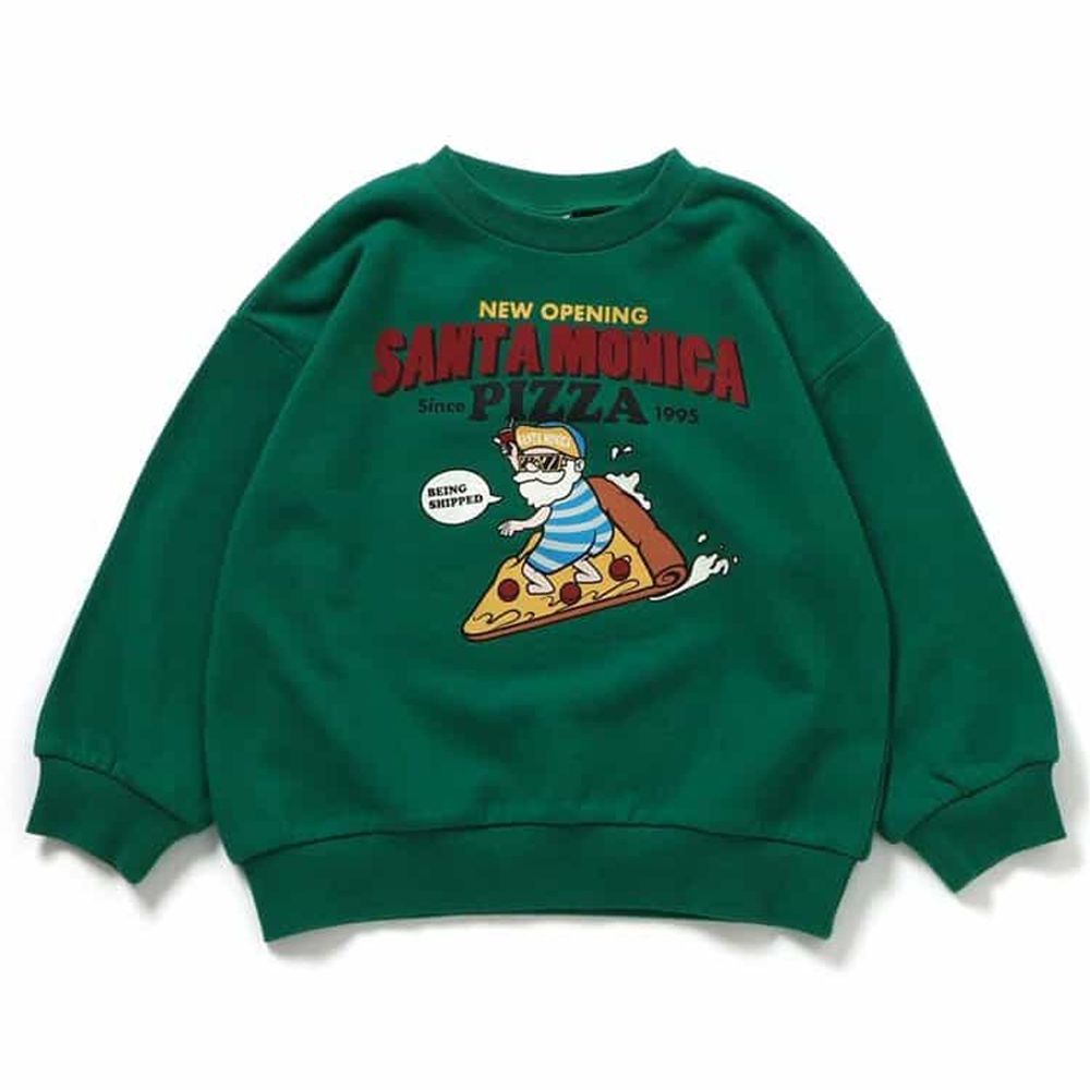 美式印花純棉裏毛長袖上衣-衝浪披薩-濃綠