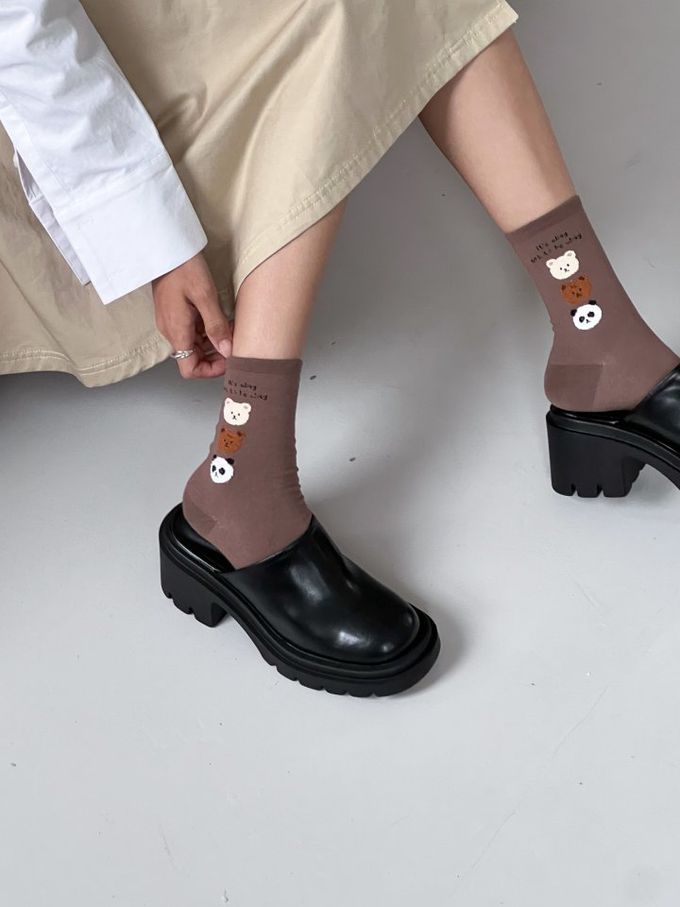 韓國Marian - 三隻毛毛熊中筒襪-棕色 (Free)