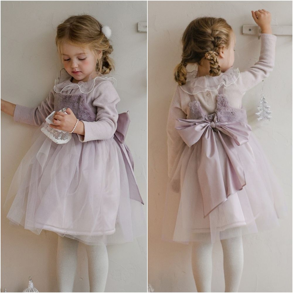 Puellaflo 大蝴蝶結細肩絨毛網紗蓬蓬禮服洋裝-藕粉