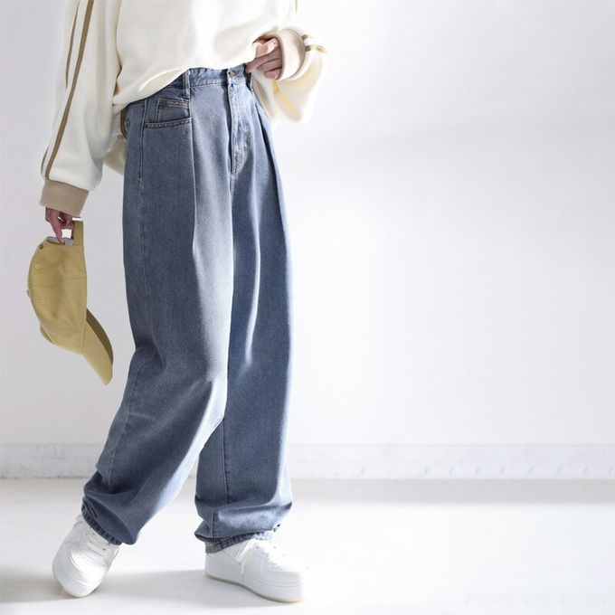 日本 Classical Elf - [熱銷NO.1] 舒適顯瘦打褶長褲-丹寧布-淺灰