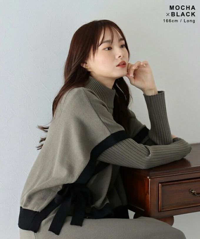 日本 BLUE EAST - [經典款]氣質針織斗篷綁帶長袖洋裝2件組-深灰x藍