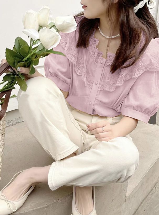 日本 GRL - 浪漫花蕾絲泡泡短袖排釦襯衫-白