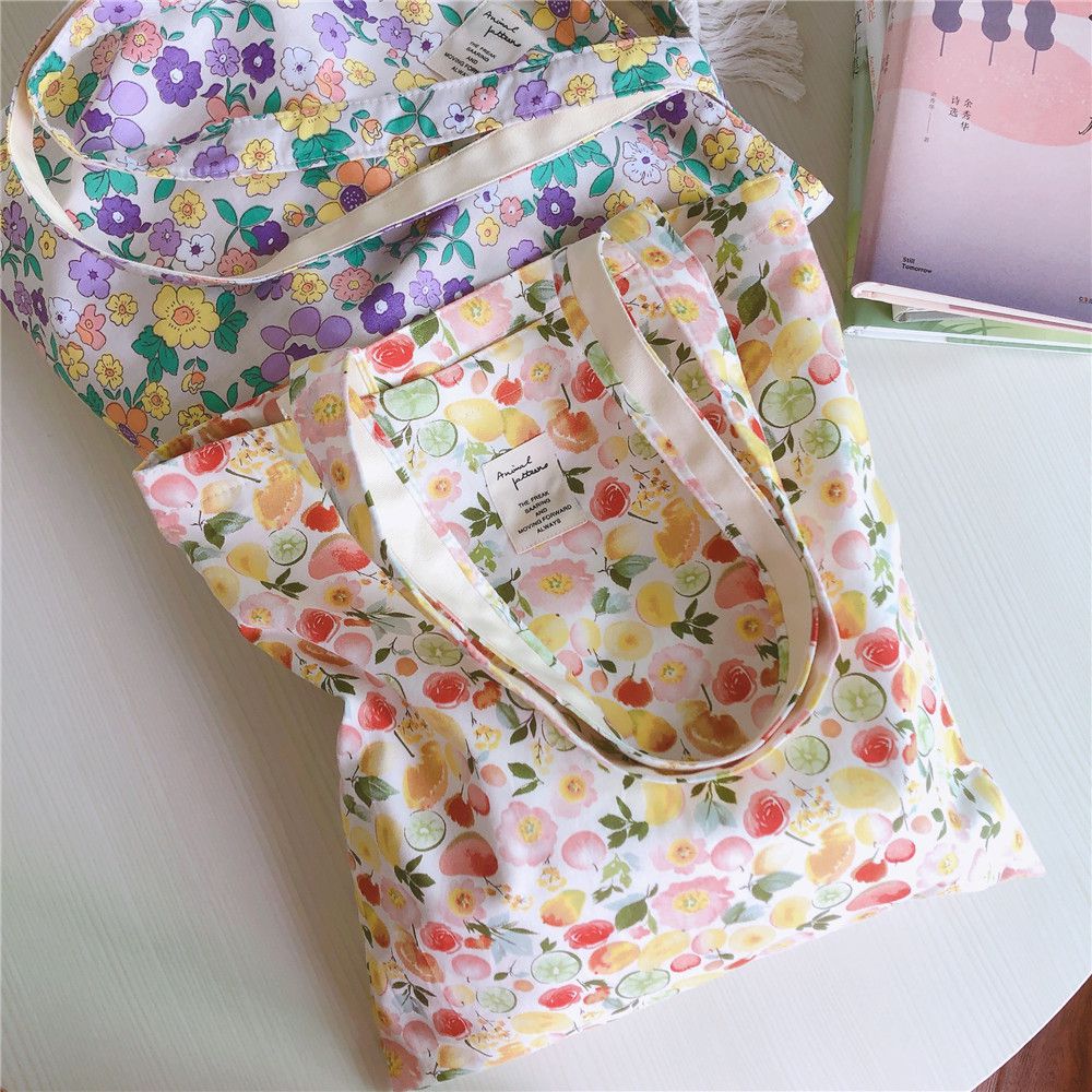清新單肩手提帆布袋-彩色花果 (37*35cm)