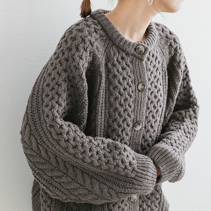 日本 ihuu - 粗編織麻花口袋針織外套-深灰