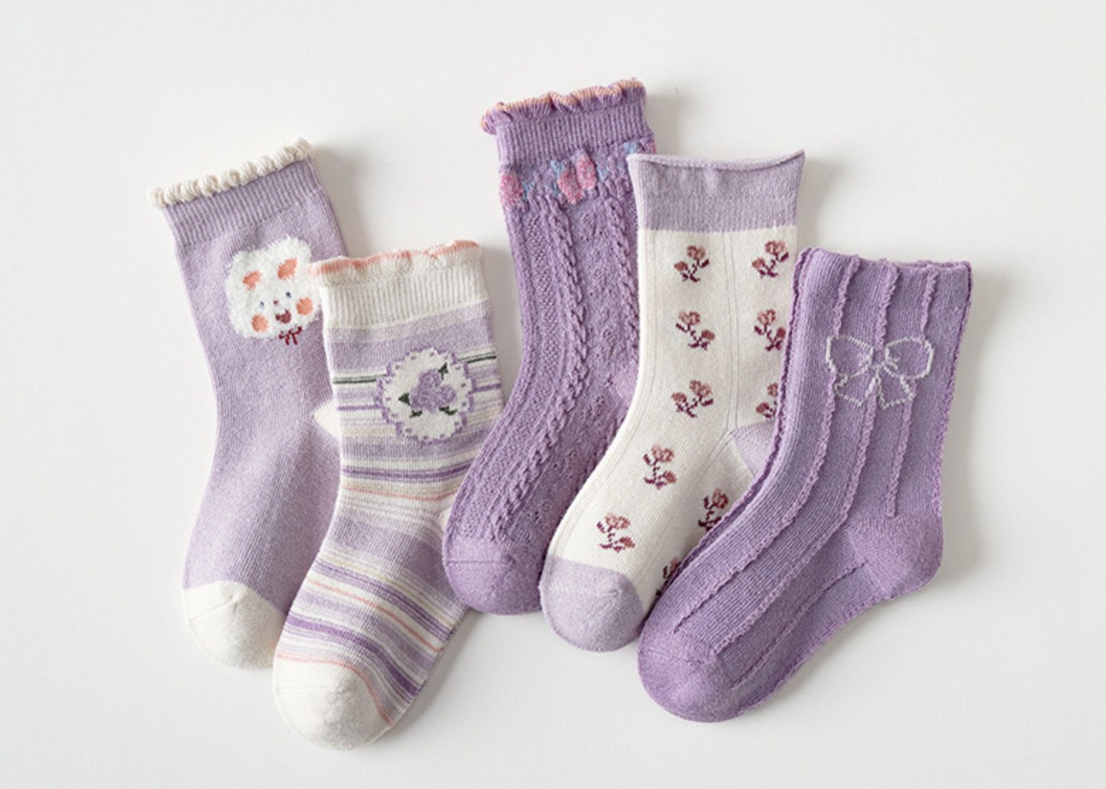 love, charlotte - 香芋玫瑰小兔子花邊中筒襪-5 雙一組