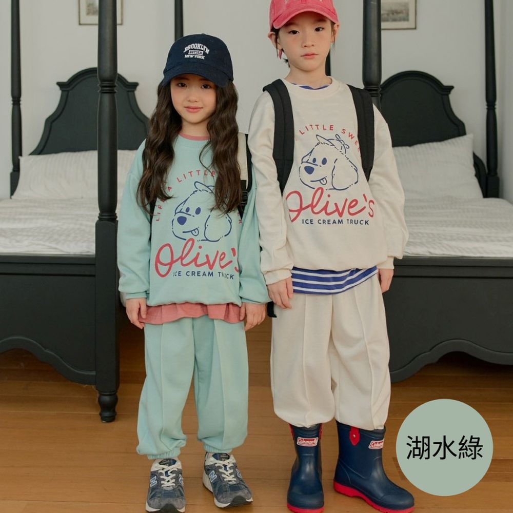 W.S.B. 長袖休閒縮口褲套裝-手繪狗狗-湖水綠