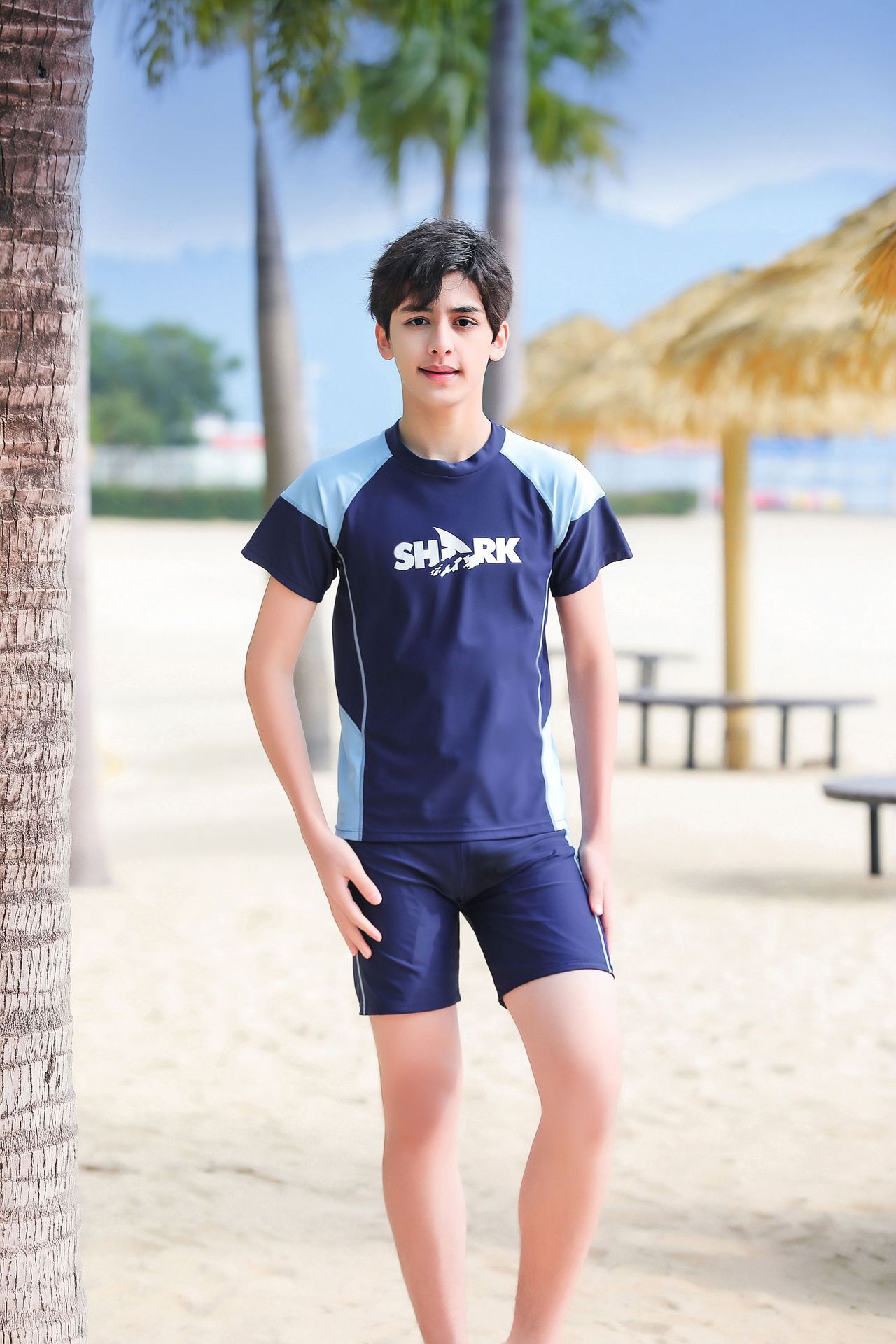 大童男孩短袖泳衣套裝(二件組)-SHARK-黑色-泳衣、泳褲