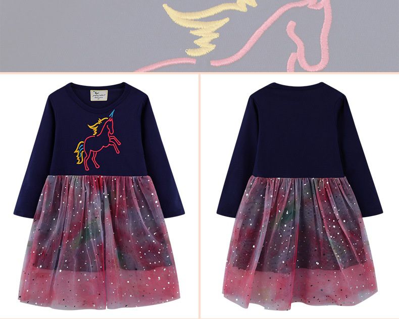 Jumping meters - 棉質圓領長袖連身網紗洋裝-獨角獸幻影-深藍+粉紅