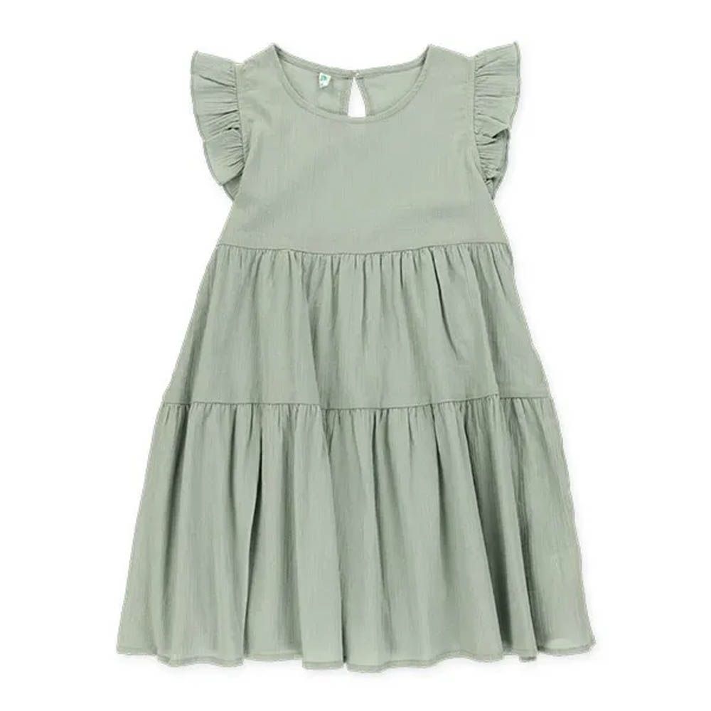 層次感法式荷葉袖洋裝-綠