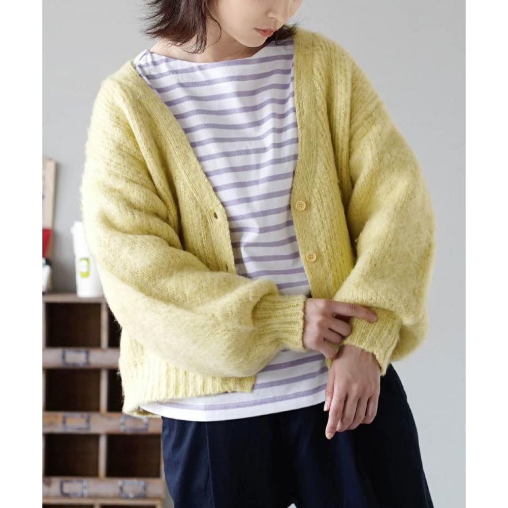 日本 zootie - 柔軟刷毛氣球袖針織外套-淺鵝黃