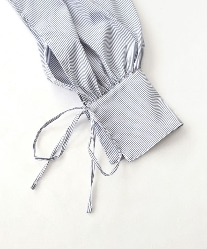 日本 zootie - 繫帶開衩袖口襯衫長版上衣-深藍條紋