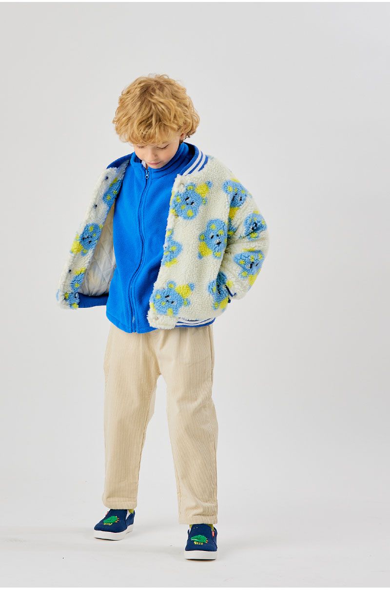 韓國 OZKIZ - 保暖毛絨絎縫內裡棒球外套-藍熊熊