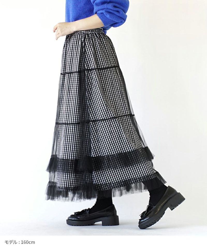 日本 zootie - 薄紗拼接格紋修身長裙-黑