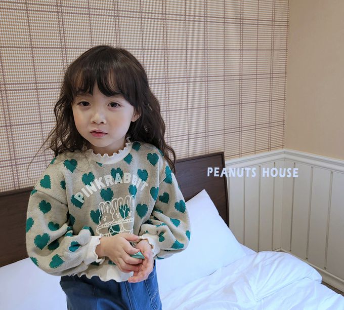 韓國 Peanuts House - 滿版愛心兔兔花領澎袖針織上衣-紅