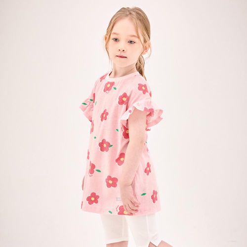韓國 Jelispoon - 甜美花朵印荷葉袖長版上衣-粉紅