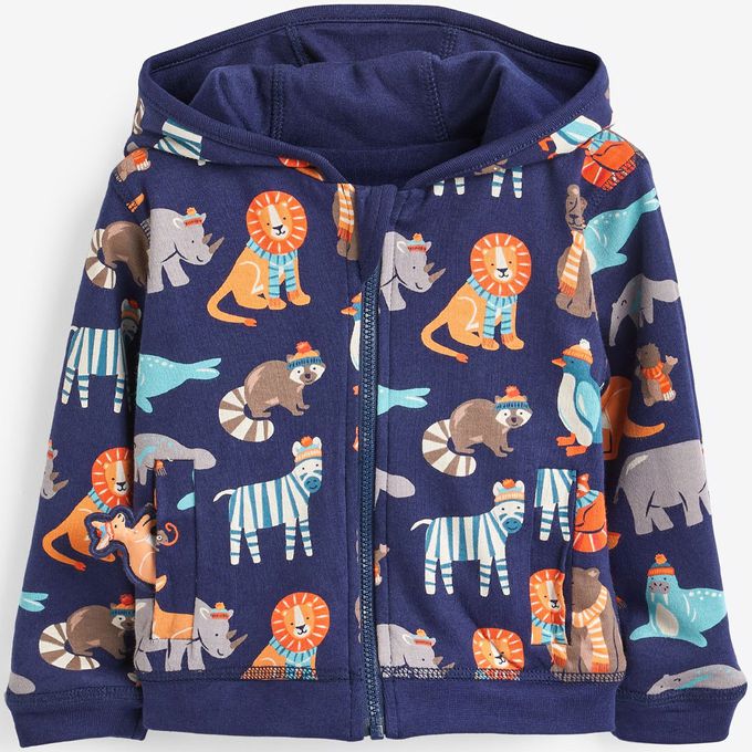 英國 JoJo Maman BeBe - 幼/兒童雙面穿100%純棉保暖連帽外套-動物遊樂園